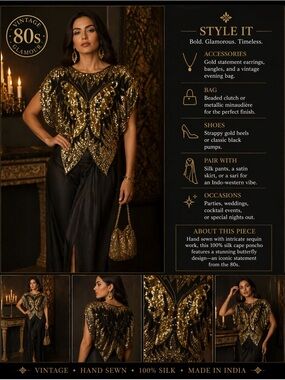 Vintage 80s Sequined Cape Butterfly Hand Sewn Shawl Poncho India Medium